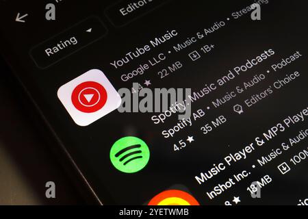 November 2024, Brasilien. In dieser Fotoabbildung wird das Logo der App YouTube Music, Spotify und Music Player auf einem Smartphone-Bildschirm angezeigt. Stockfoto