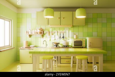 Esstisch im Küchenraum mit Cartoon-Stil, 3D-Rendering. 3D-Abbildung. Stockfoto