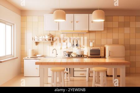 Esstisch im Küchenraum mit Cartoon-Stil, 3D-Rendering. 3D-Abbildung. Stockfoto