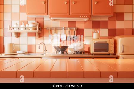 Esstisch im Küchenraum mit Cartoon-Stil, 3D-Rendering. 3D-Abbildung. Stockfoto