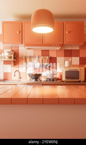 Esstisch im Küchenraum mit Cartoon-Stil, 3D-Rendering. 3D-Abbildung. Stockfoto