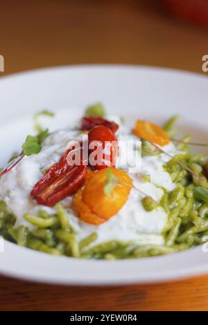 Nahaufnahme italienischer Trofia-Pasta mit Pesto, Burrata und Kirschtomaten, serviert auf einem weißen Teller. Italienische (ligurische) Küche, selektiver Fokus Stockfoto