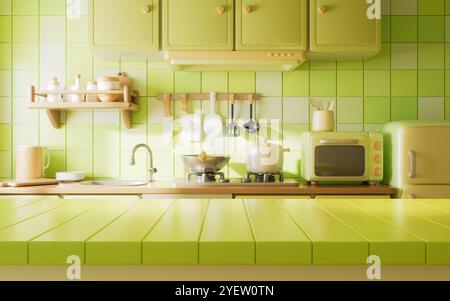 Esstisch im Küchenraum mit Cartoon-Stil, 3D-Rendering. 3D-Abbildung. Stockfoto