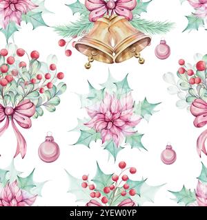 Nahtloses Muster mit Weihnachtsaquarell - Blumenstrauß aus roten Weihnachtsstern, Kompositionen mit stechpalmengrünen Blättern und Mistel, roten Beeren. Goldenes Jingle Stock Vektor