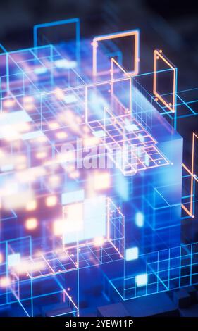 Digitaler Cyberspace mit leuchtenden Kreuzlinien, 3D-Rendering. 3D-Abbildung. Stockfoto