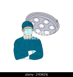 Chirurg mit gekreuzten Armen. Strichgrafik. Arzt in Handschuhen, Maske und Uniform im OP. Handgezeichnete Vektorgrafik. Stock Vektor
