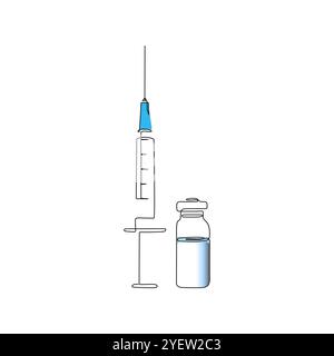 Spritze mit Nadel und Impfstoffröhrchen. Einzeilige Art. Impfung, Gesundheitsinjektion. Medizinisches Konzept. Handgezeichnete Vektorgrafik. Stock Vektor