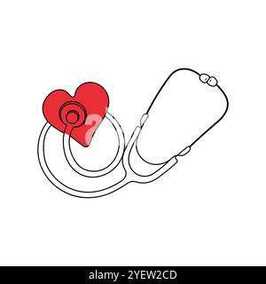 Medizinisches Stethoskop mit rotem Herzen. Strichgrafik. Geräte zur Untersuchung des Herzschlagzustands des Patienten. Gesundheitswesen, medizinisches Konzept. Handgezeichneter Vektor Stock Vektor