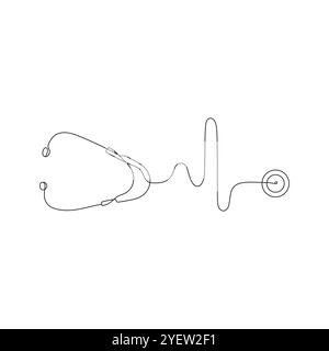 Medizinisches Stethoskop in Form eines Herzschlags. Einzeilige Art. Geräte zur Untersuchung des Herzschlagzustands des Patienten. Gesundheitswesen, medizinisches Konzept. Han Stock Vektor