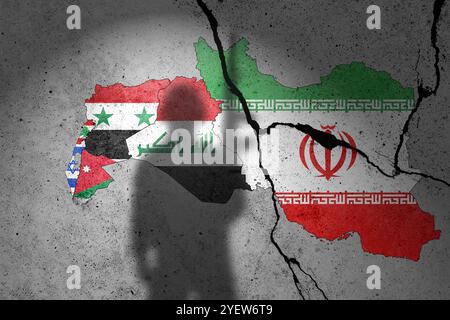 Flaggen von Israel, Libanon, Jordanien, Raben und Iran gemalt auf einer Betonmauer mit Soldatenschatten Stockfoto