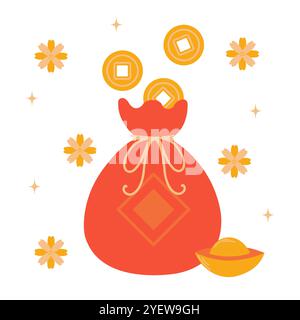 Chinesischer Geldbeutel mit vielen Goldmünzen. Frühlingsfest, Mondneujahr, chinesisches Neujahrskonzept. Illustration des flachen Vektors. Stock Vektor