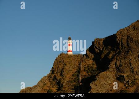 Malerischer rot-weißer Leuchtturm tagsüber auf einer Klippe mit Blick auf Cape Palliser, Neuseeland Stockfoto