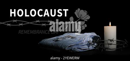 Brennende Kerze mit Stacheldraht und Gefangenenuniform auf dunklem Hintergrund. Internationaler Holocaust-Gedenktag Stockfoto