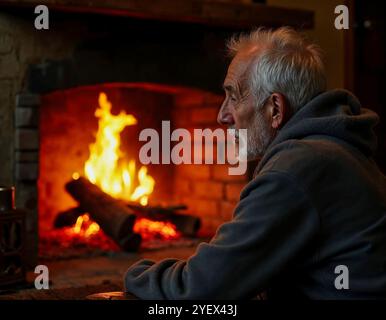 Mann, der im Winter vor einem Kamin sitzt Stockfoto