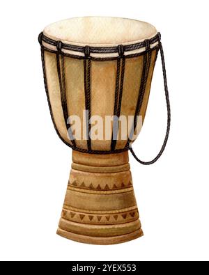 Afrikanisches Trommelholz braun mit goldenem Stammesschmuck. Handgezeichnetes Aquarell Kwanzaa Urlaub Illustration der traditionellen Djembe. Isolierte Zeichnung für Stockfoto