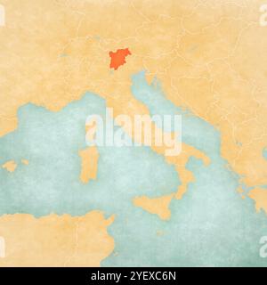 Trentino-Südtirol auf der Karte Italiens in weichem Grunge und Vintage-Stil, wie altes Papier mit Aquarellmalerei. Stockfoto