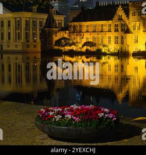 Nächtlicher Blick auf den Binnenhof (niederländisches Parlament) und die Mauritshuis hinter dem Hofvijver, mit Reflexionen auf das Wasser den Haag, Niederlande Stockfoto