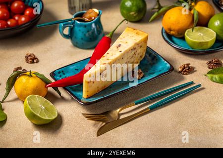 Keilabsatz mit scharfem Käse, serviert mit Chili auf einer blauen Platte, begleitet von Walnüssen, Zitrusfrüchten und einem kleinen Krug Honig Stockfoto