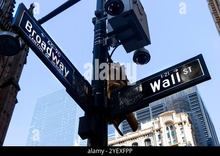 Straßenschilder für Broadway und Wall Street mit Wolkenkratzern und historischer Architektur im Hintergrund in New York City und Sicherheitskameras Stockfoto