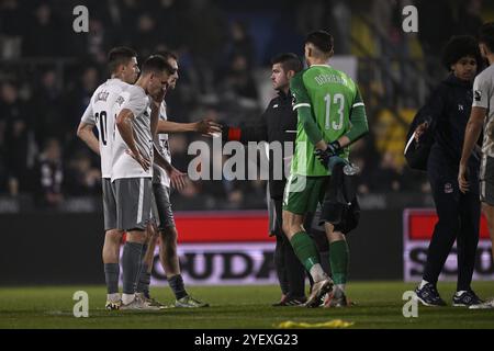 Westerlo, Belgien. November 2024. Dender's Spieler sehen niedergeschlagen aus, nachdem sie ein Fußballspiel zwischen KVC Westerlo und FCV Dender EH in Westerlo am 13. Tag der Saison 2024-2025 der ersten Liga der „Jupiler Pro League“ der belgischen Meisterschaft am Freitag, den 1. November 2024 verloren hatten. BELGA FOTO JOHAN EYCKENS Credit: Belga News Agency/Alamy Live News Stockfoto