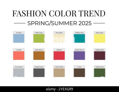 Fashion Color Trend Frühjahr - Sommer 2025. Leitfaden für trendige Farben. Pinselstriche der Farbe mit Namensfeldern. Vektorvorlage für dein Crea Stock Vektor