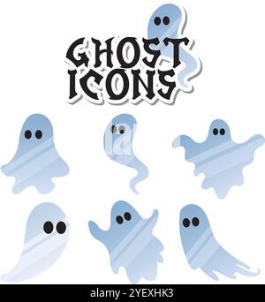 Set von niedlichen blauen Geistersymbolen für Halloween, Vektor Stock Vektor