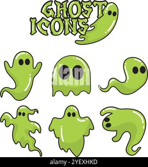 Set von grünen Schleimgeistsymbolen mit schwarzen Augen, Vektor Stock Vektor