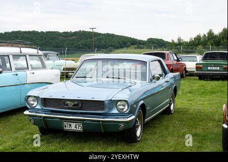 Ein klassischer Ford Mustang aus dem Jahr 1966, blau gefärbt, steht auf üppig grünem Gras, umgeben von verschiedenen Oldtimern während einer Autoshow auf dem Land Stockfoto