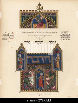 Der hebräische Pentateuch gehört dem Herzog von Sussex. Buch der 1. Genesis, beleuchtet auf dem Weg zum Buch der Geistlichen mit König, der eine Leier 2 spielt, Rabbiner-Buchstaben 3, Buch der Klagelieder 4 und Buch der Zahlen mit Rittern in Kettenpost, Chimera und Monstern 5. Chromolithographie nach einer Illustration von John Obadiah Westwood aus seiner eigenen Palaeographia Sacra Pictoria, eine Serie von Illustrationen der antiken Versionen der Bibel, kopiert von Leuchtmanuskripten, William Smith, London, 1843. Stockfoto