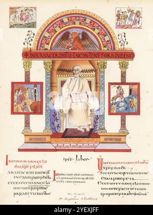 Porträt des heiligen Lukas auf dem Thron unter geflügeltem Stier in vergoldetem 1, Miniaturen des Lebens Christi 2, Markusevangelium 3, Inschrift 4 alle aus den Cambridge Gospels of St. Augustinus. Briefe aus den Bodleianischen Evangelien von St. Augustinus 5 und Evangelien von St. Cuthbert 6. Chromolithographie nach einer Illustration von John Obadiah Westwood aus seiner eigenen Palaeographia Sacra Pictoria, eine Serie von Illustrationen der antiken Versionen der Bibel, kopiert von Leuchtmanuskripten, William Smith, London, 1843. Stockfoto