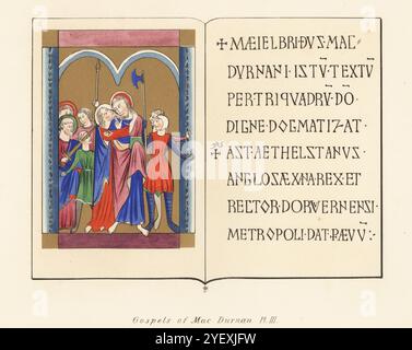 Gospels of Maeiel Brith Mac Durnan oder Mac Durnan Gospels in der Manuskriptbibliothek des Erzbischofs von Canterbury, Lambeth Palace MS 1370, Miniatur des Verrats Christi durch Judas und St. Peter, der Malchus mit einem Schwert das Ohr abschneidet, und irische Textseite. Chromolithographie nach einer Illustration von John Obadiah Westwood aus seiner eigenen Palaeographia Sacra Pictoria, eine Serie von Illustrationen der antiken Versionen der Bibel, kopiert von Leuchtmanuskripten, William Smith, London, 1843. Stockfoto