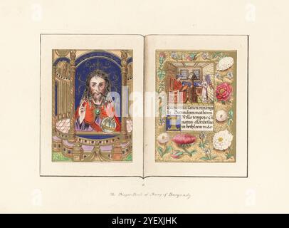 Gebetsbuch von Maria von Burgund, Marie de Bourgogne, Tochter Karls des Kühnen, 15. Jahrhundert. Miniaturporträt Christi, Miniatur des heiligen Matthäus, der sein Evangelium in einem Raum mit einem Engel schreibt, mit Blumen verzierte Grenzen. In der Sammlung von Reverend John Tobin, Liverpool, Sohn des Sklavenhändlers John Tobin. Chromolithographie nach einer Illustration von John Obadiah Westwood aus seiner eigenen Palaeographia Sacra Pictoria, eine Serie von Illustrationen der antiken Versionen der Bibel, kopiert von Leuchtmanuskripten, William Smith, London, 1843. Stockfoto
