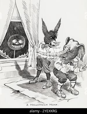 Diese Illustration mit dem Titel „Halloween Hoax“ des Karikaturisten Clifford Berryman, die am 31. Oktober 1912 im Washington Evening Star erschien, zeigt, wie die Demokratischen und Republikanischen Parteien auf die Nachricht reagieren, dass Theodore Roosevelt nach dem gescheiterten Attentat auf ihn in den Präsidentschaftswahlkampf zurückkehrte. Während der republikanische Elefant besorgt ist, ist der demokratische Esel mit der Spaltung zufrieden, die er bei der republikanischen Abstimmung verursachen wird Stockfoto