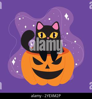 Schwarze Katze, die in einem Kürbis sitzt, Vector Stock Vektor