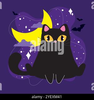 Schwarze Katze mit gelben Augen unter dem Halbmond, Vector Stock Vektor