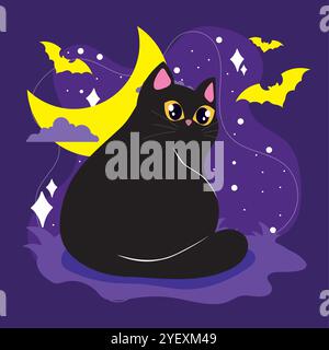 Halloween schwarze Katze mit Mond und Fledermäusen am Nachthimmel, Vektor Stock Vektor