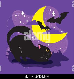 Schwarze Katze und Halbmond mit fliegenden Fledermäusen, Vector Stock Vektor