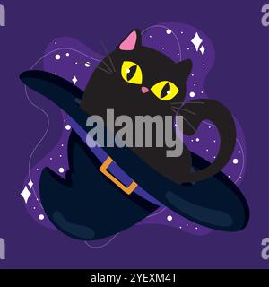 Verspielte schwarze Katze im Hexenhut auf lila, Vector Stock Vektor