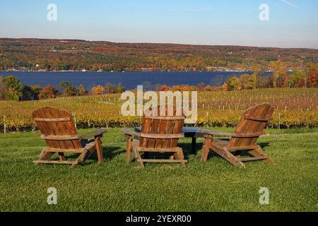 Leere Holzstühle mit Blick auf einen Weinberg in New York Stockfoto