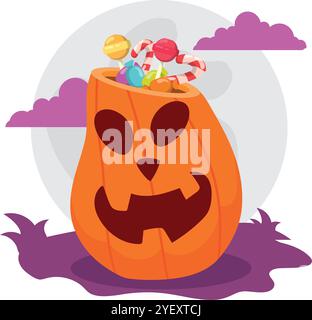 Großer gruseliger Jack-o-Laterne Kürbis mit Halloween-Süßigkeiten, Vektor Stock Vektor