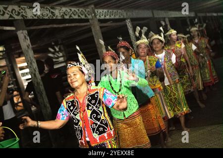 Frauen tanzen in einer Reihe, während sie die Gäste während eines Ökotourismus-Events im Bali Gundi Langhaus der traditionellen Dayak Taman Gemeinde in Sibau Hulu, Putussibau Utara, Kapuas Hulu, West Kalimantan, Indonesien begrüßen. Laut Hernan Vales, Leiter der Abteilung für indigene Völker und Minderheiten der Vereinten Nationen, in einer Veröffentlichung des UN-Menschenrechtsbüros des Hohen Kommissars (OHCHR) im September 2024, sind Stimmen indigener Völker entscheidend für die Förderung ihrer Menschenrechte und ihrer Beteiligung an internationalen Entscheidungen. Stockfoto