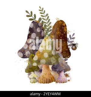 Eine lebendige und künstlerische Darstellung mit Pilzen umgeben von üppigem Laub und einer Vielzahl von Naturelementen. Isolierte Komposition auf weißem Hintergrund für verschiedene Designs und Bedruckungen. Digitale Kunst im Aquarellstil. Stockfoto
