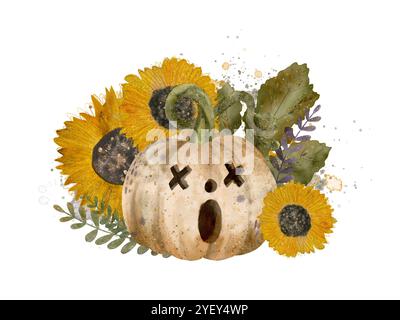 Ein fröhlicher Kürbis ist umgeben von hellen Sonnenblumen, perfekt für Halloween- und Herbstdekorationen. Isolierte Komposition auf weißem Hintergrund für verschiedene Designs und Bedruckungen. Digitale Kunst im Aquarellstil. Stockfoto