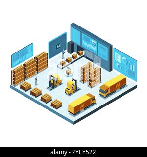 Isometrische KI-gestützte Logistikzentrale mit automatisierten Fahrzeugen und Robotern. KI-gestütztes Logistikkonzept Stock Vektor