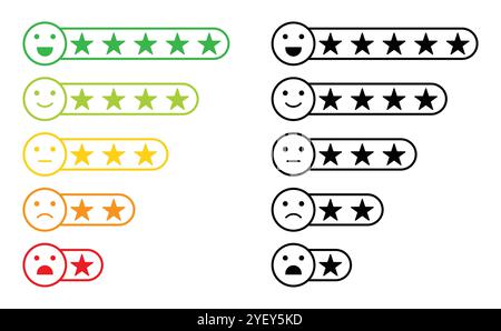 Emoji-Feedback-Symbol mit Sternen. Kunden überprüfen die Vektorsammlung. Emoji-Symbolsatz mit Feedback-Sternen. Emoji mit Sternen. Vektorsymbole. Stock Vektor