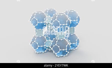 Darstellung der molekularen Struktur eines Zeolithgerüsts. Zeolithe sind hydrierte Aluminosilikatmineralien mit mikroporöser Struktur. Sie haben die allgemeine Formel (MAlO2)(SiO2)x(H2O)y, wobei M normalerweise Wasserstoff (H+) und Natrium (Na+) ist. Zeolithe können unterschiedliche Rahmenstrukturen haben; dies ist die gemeinsame Linde Typ A Form von Zeolith. Zeolith-Materialien werden in Wasserreinigungs-, Bodensanierungs- und Abfallbehandlungssystemen verwendet und werden zur Abscheidung und Speicherung von Treibhausgasen, einschließlich CO2, untersucht. Stockfoto