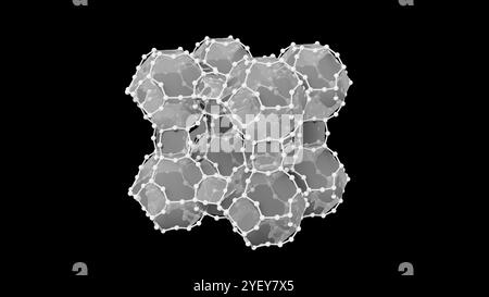Darstellung der molekularen Struktur eines Zeolithgerüsts. Zeolithe sind hydrierte Aluminosilikatmineralien mit mikroporöser Struktur. Sie haben die allgemeine Formel (MAlO2)(SiO2)x(H2O)y, wobei M normalerweise Wasserstoff (H+) und Natrium (Na+) ist. Zeolithe können unterschiedliche Rahmenstrukturen haben; dies ist die gemeinsame Linde Typ A Form von Zeolith. Zeolith-Materialien werden in Wasserreinigungs-, Bodensanierungs- und Abfallbehandlungssystemen verwendet und werden zur Abscheidung und Speicherung von Treibhausgasen, einschließlich CO2, untersucht. Stockfoto