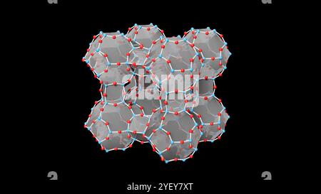 Darstellung der molekularen Struktur eines Zeolithgerüsts. Zeolithe sind hydrierte Aluminosilikatmineralien mit mikroporöser Struktur. Sie haben die allgemeine Formel (MAlO2)(SiO2)x(H2O)y, wobei M normalerweise Wasserstoff (H+) und Natrium (Na+) ist. Zeolithe können unterschiedliche Rahmenstrukturen haben; dies ist die gemeinsame Linde Typ A Form von Zeolith. Zeolith-Materialien werden in Wasserreinigungs-, Bodensanierungs- und Abfallbehandlungssystemen verwendet und werden zur Abscheidung und Speicherung von Treibhausgasen, einschließlich CO2, untersucht. Stockfoto