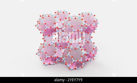 Darstellung der molekularen Struktur eines Zeolithgerüsts. Zeolithe sind hydrierte Aluminosilikatmineralien mit mikroporöser Struktur. Sie haben die allgemeine Formel (MAlO2)(SiO2)x(H2O)y, wobei M normalerweise Wasserstoff (H+) und Natrium (Na+) ist. Zeolithe können unterschiedliche Rahmenstrukturen haben; dies ist die gemeinsame Linde Typ A Form von Zeolith. Zeolith-Materialien werden in Wasserreinigungs-, Bodensanierungs- und Abfallbehandlungssystemen verwendet und werden zur Abscheidung und Speicherung von Treibhausgasen, einschließlich CO2, untersucht. Stockfoto
