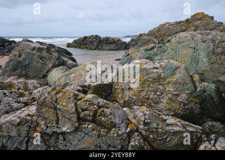 Basaltische Lava aus Kissen Unterwasser vulkanische Aktivität zwischen 500 und 600 Millionen Jahren gebildet. Bei Filey Sands, Anglesey, Wales, UK fotografiert. Stockfoto